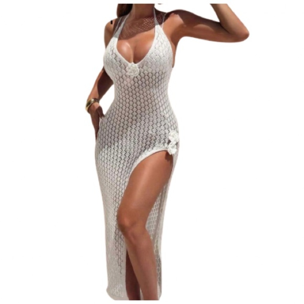SHEIN White Crochet Halter Maxi Swim Coverup Dress